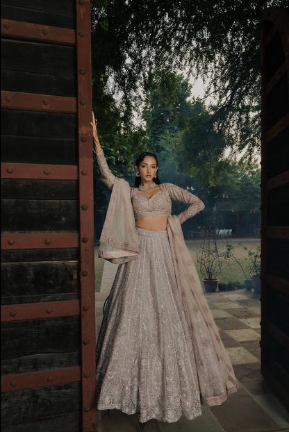 Ivory White Net Designer Lehenga with Sequins & Embroidery