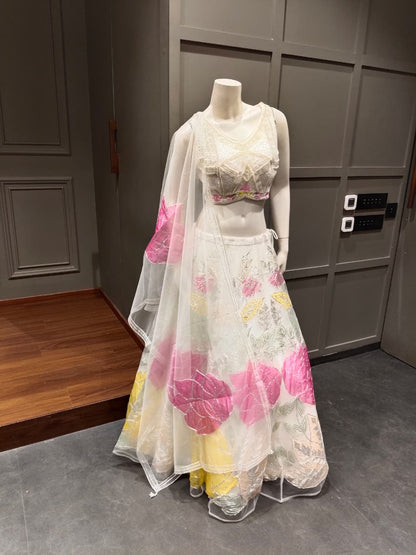 Ivory White Pearl Embroidered Lehenga Choli with Pink Floral Organza Dupatta
