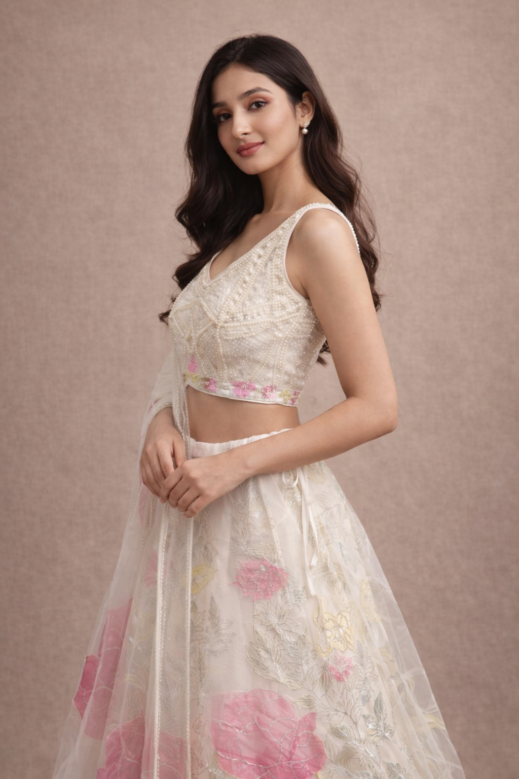 Ivory White Pearl Embroidered Lehenga Choli with Pink Floral Organza Dupatta