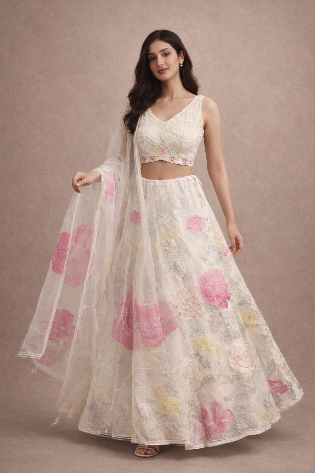 Ivory White Pearl Embroidered Lehenga Choli with Pink Floral Organza Dupatta