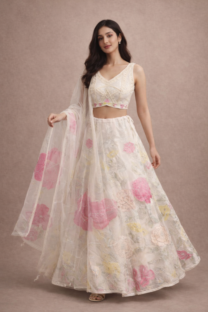 Ivory White Pearl Embroidered Lehenga Choli with Pink Floral Organza Dupatta