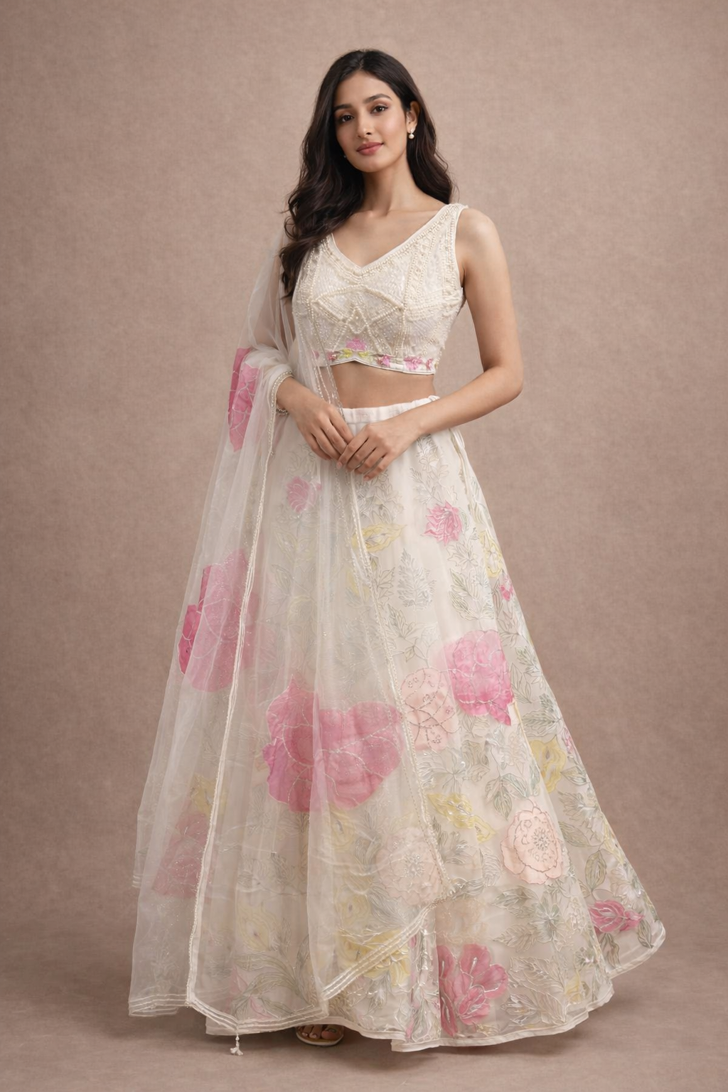 Ivory White Pearl Embroidered Lehenga Choli with Pink Floral Organza Dupatta