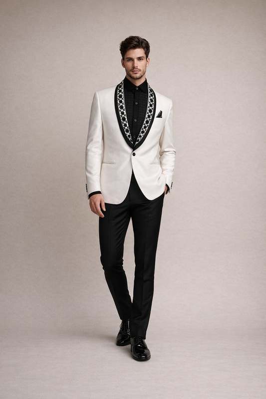 Ivory White Tuxedo Blazer with Black Floral Embroidered