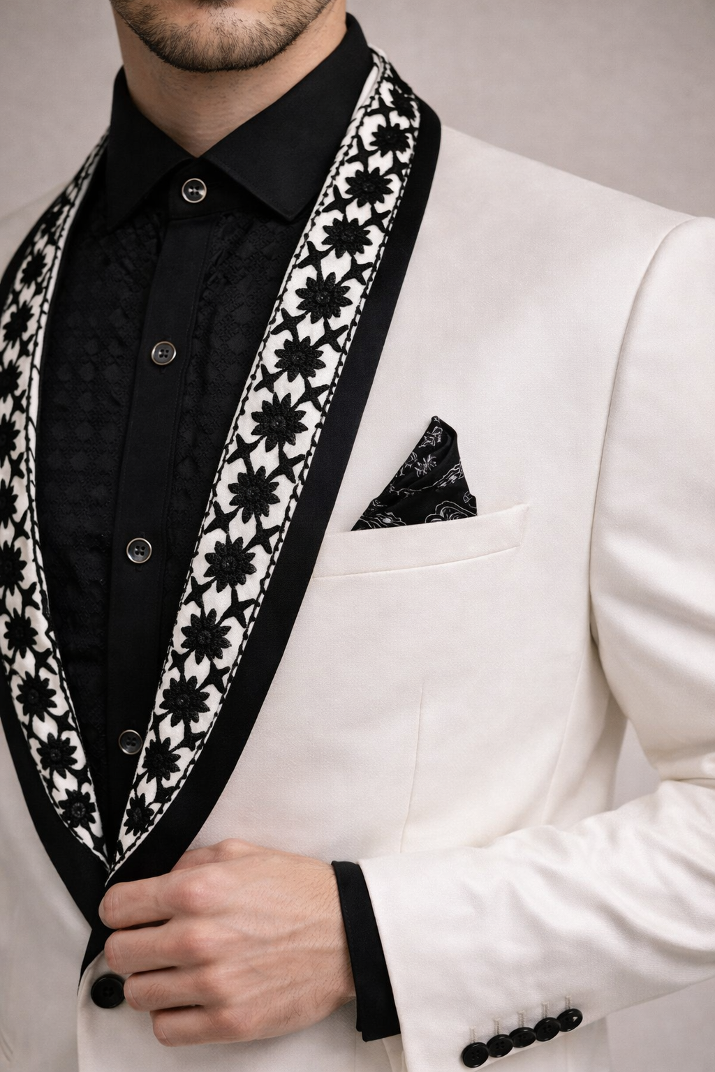 Ivory White Tuxedo Blazer with Black Floral Embroidered