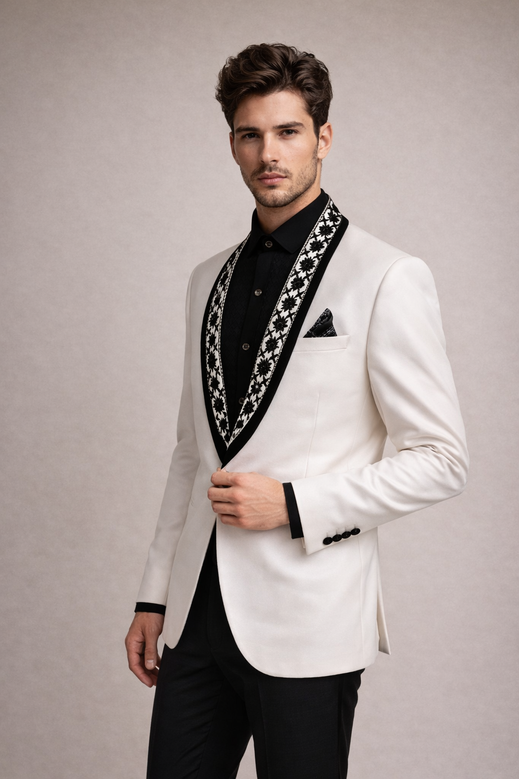 Ivory White Tuxedo Blazer with Black Floral Embroidered