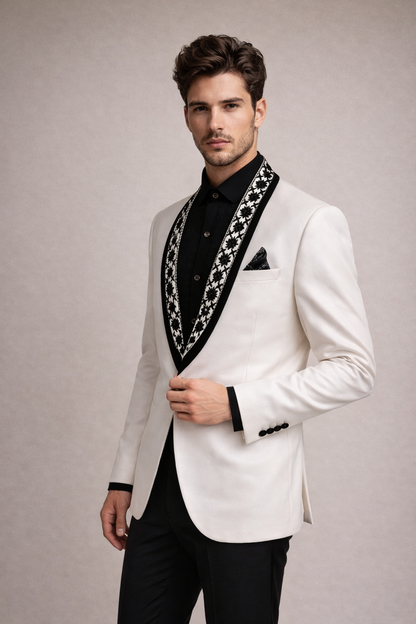 Ivory White Tuxedo Blazer with Black Floral Embroidered