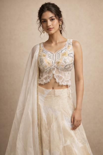 Ivory White and Gold Sequin Embroidered Designer Lehenga Choli Blouse Detail