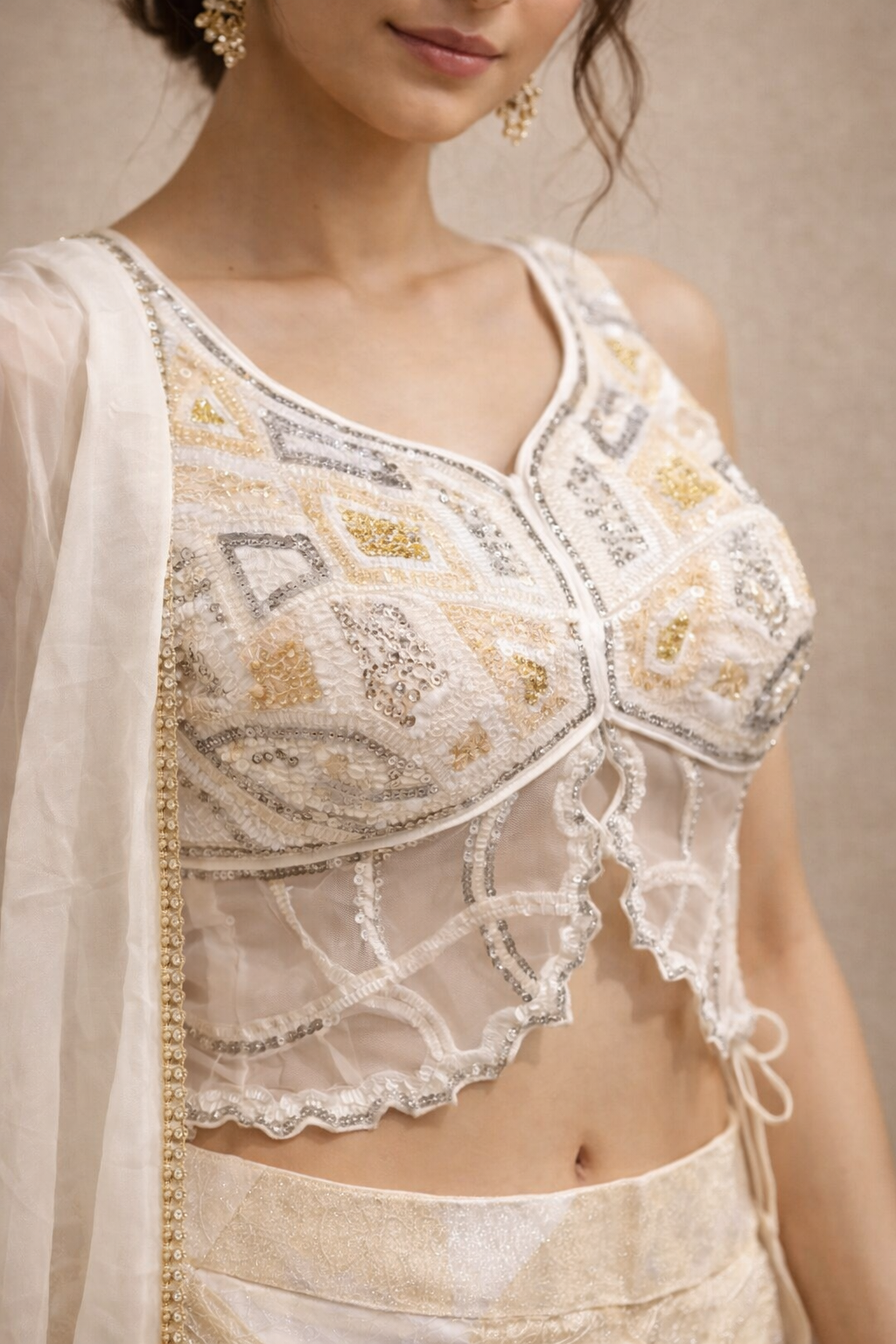 Ivory White and Gold Sequin Embroidered Designer Lehenga Choli Blouse Detail