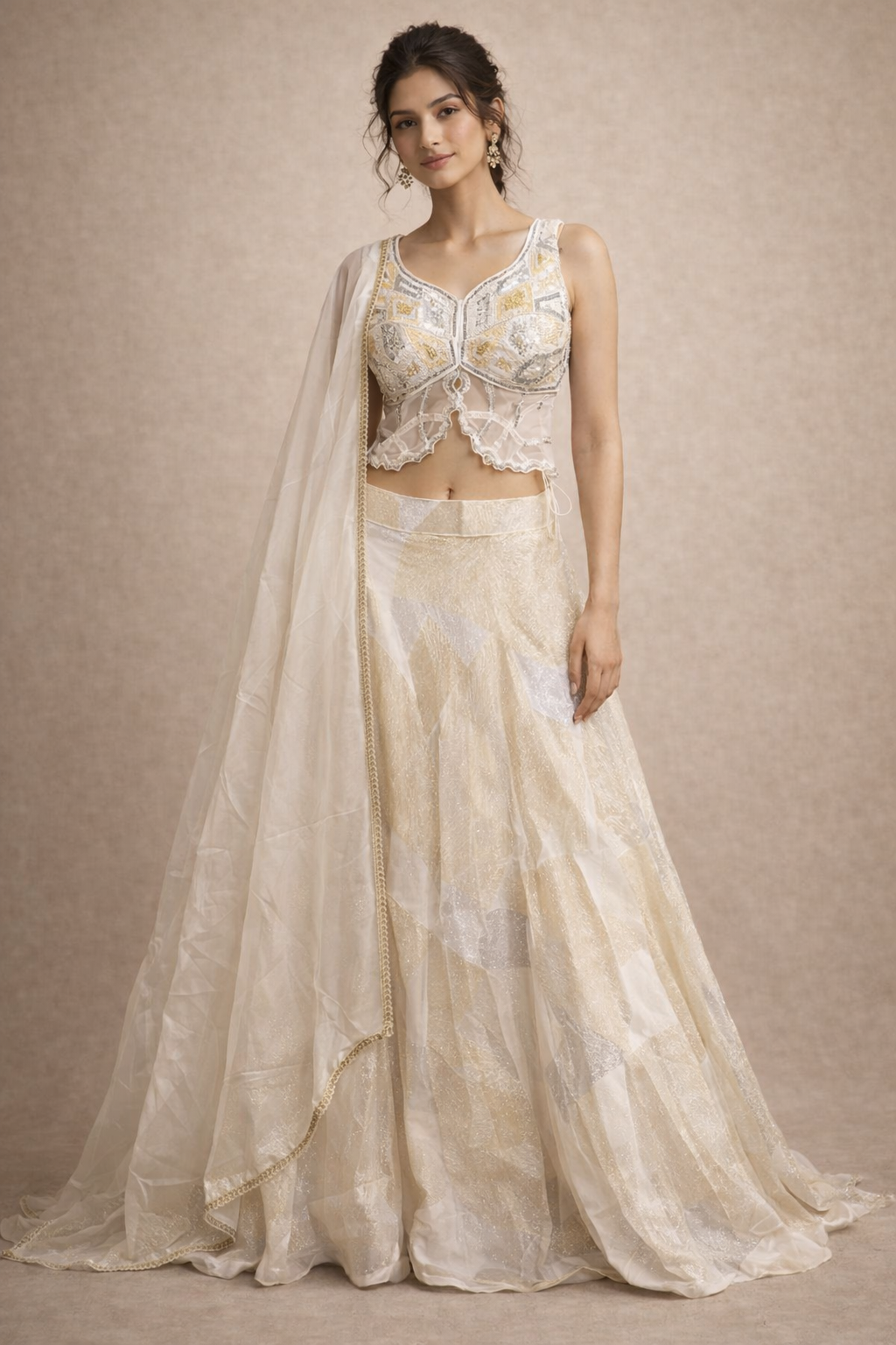 Ivory White and Gold Sequin Embroidered Designer Lehenga Choli Blouse Detail