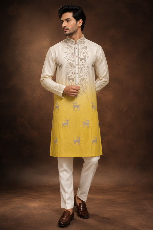 Ivory Yellow Ombre Embroidered Kurta