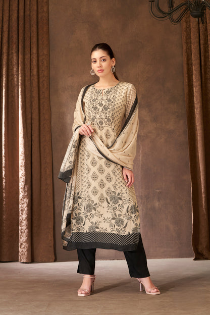 Ivory & Black Printed Straight Kurta Set with Dupatta