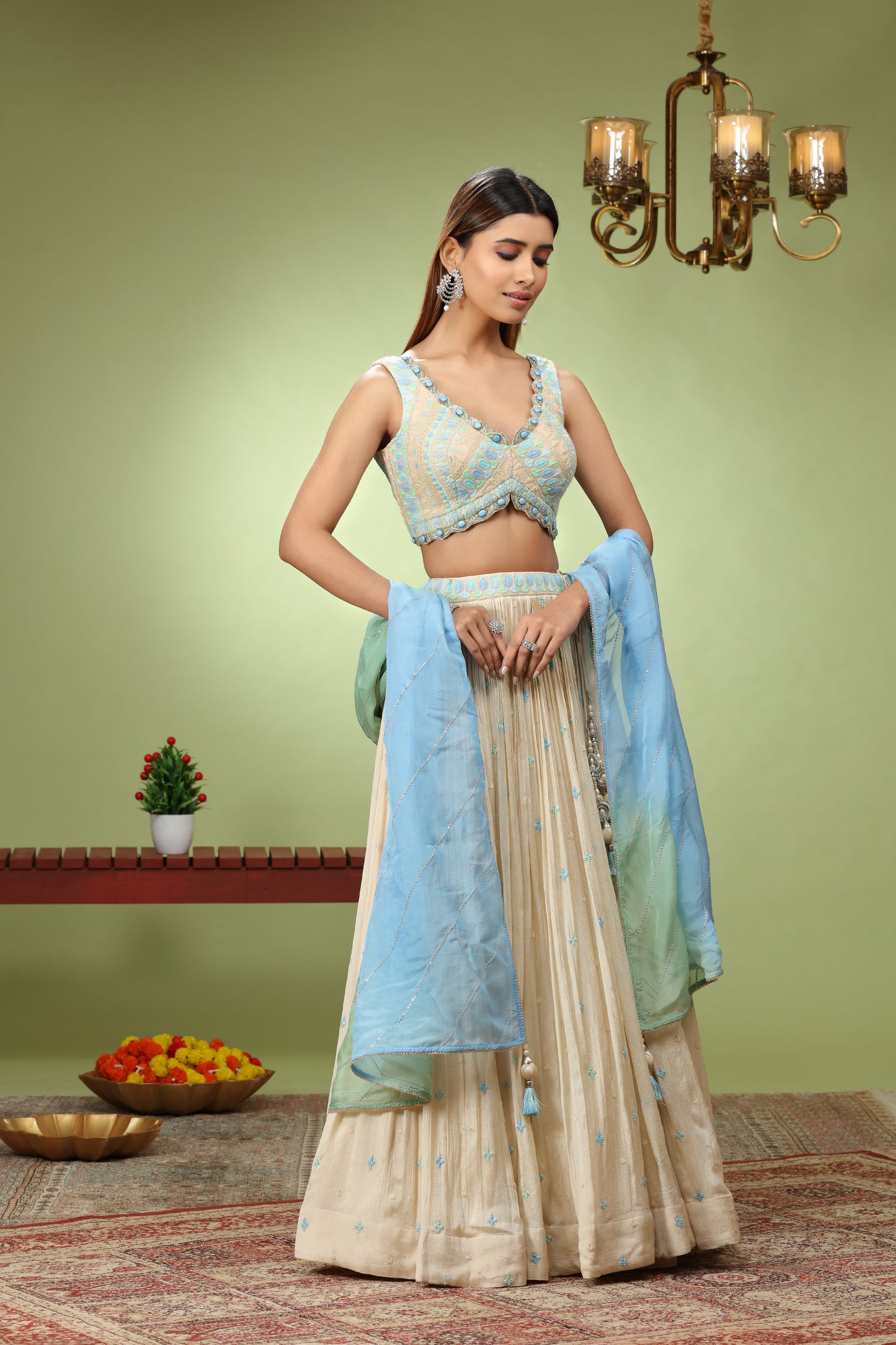 Ivory Lehenga with Sky Blue and Green Accents