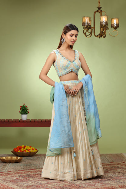 Ivory Lehenga with Sky Blue and Green Accents