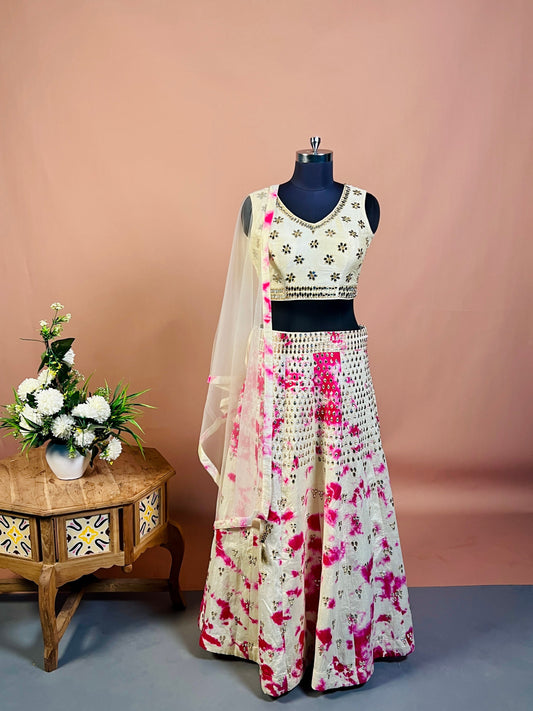 Ivory & Pink Mirror Work Lehenga Set with Tie-Dye Detailing
