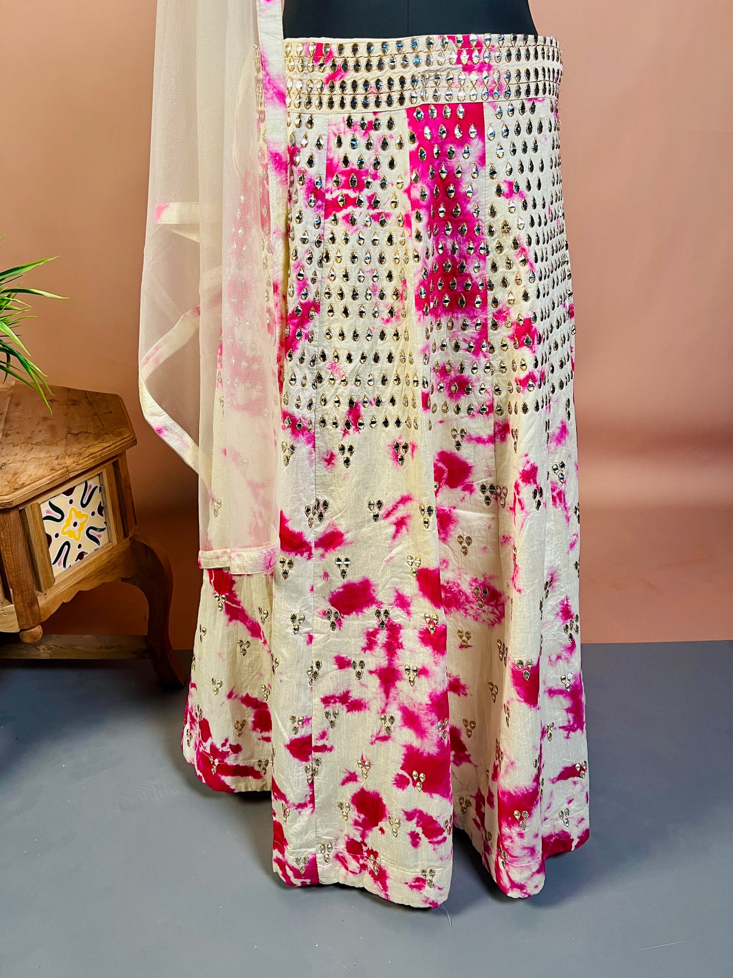 Ivory & Pink Mirror Work Lehenga Set with Tie-Dye Detailing