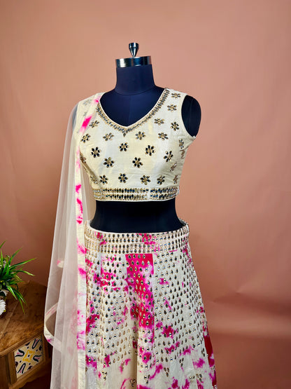Ivory & Pink Mirror Work Lehenga Set with Tie-Dye Detailing