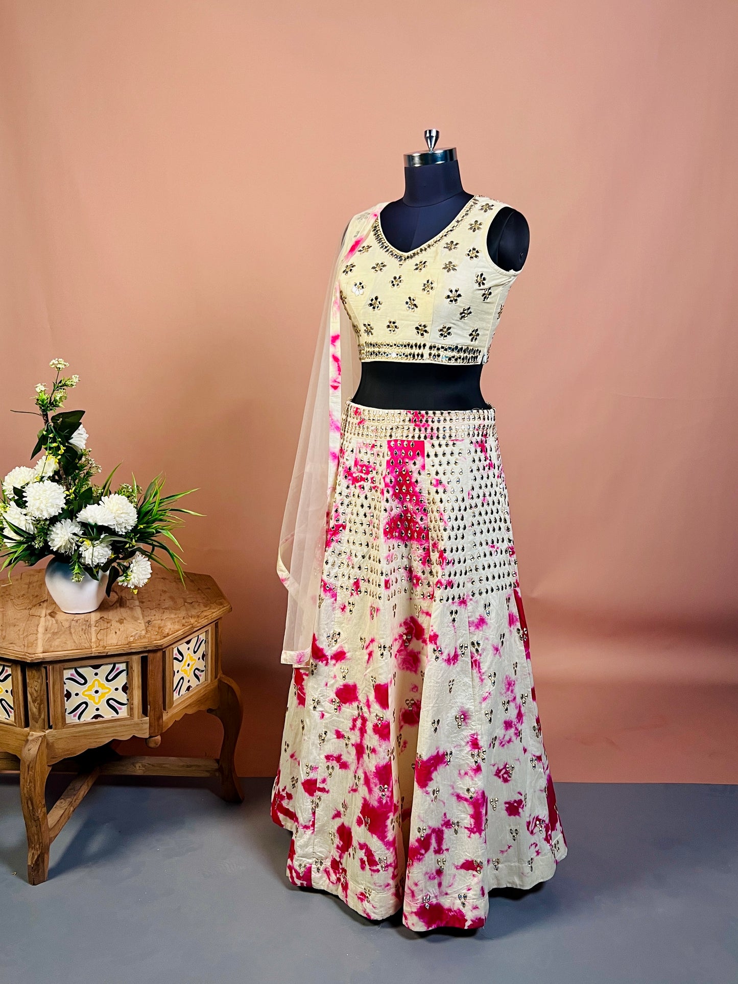 Ivory & Pink Mirror Work Lehenga Set with Tie-Dye Detailing