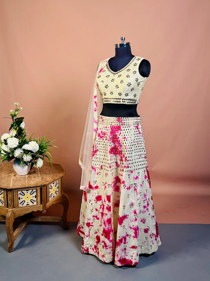 Ivory & Pink Mirror Work Lehenga Set with Tie-Dye Detailing