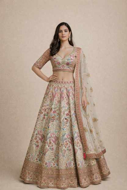 Ivory & Pink Multicolor Floral Embroidered Designer Lehenga Choli
