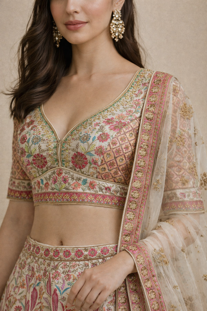 Ivory & Pink Multicolor Floral Embroidered Designer Lehenga Choli