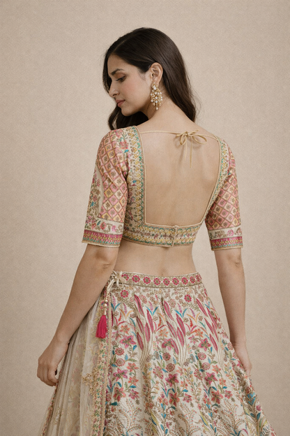 Ivory & Pink Multicolor Floral Embroidered Designer Lehenga Choli