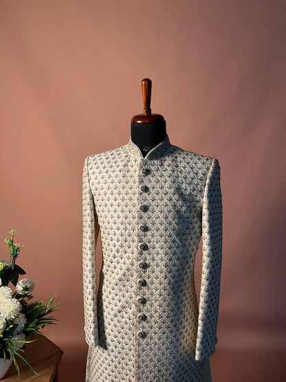 Ivory Royal Buttoned Sherwani with All-Over Thread Embroidery