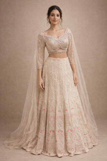 Ivory and Blush Pink Embroidered Bridal Lehenga with Crystal Work Blouse