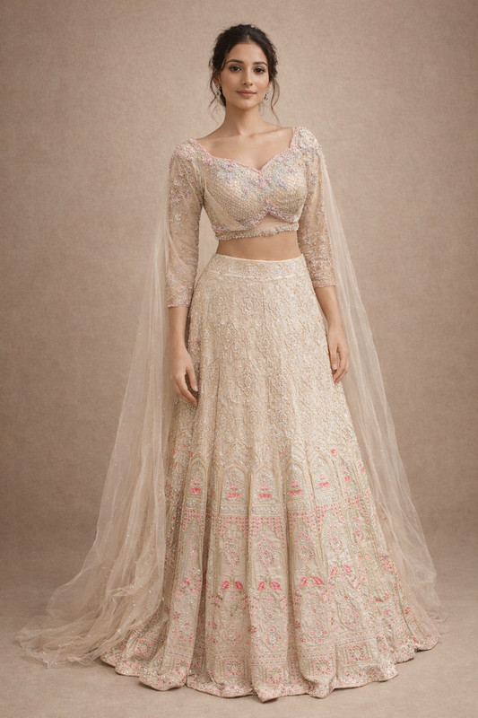 Ivory and Blush Pink Embroidered Bridal Lehenga with Crystal Work Blouse