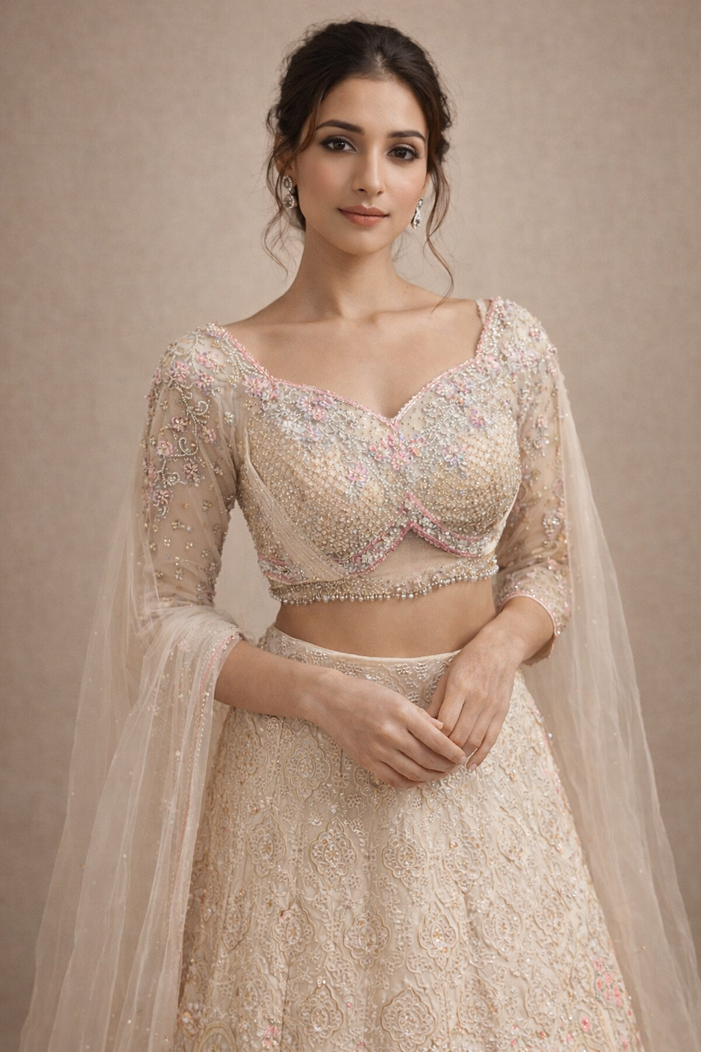 Ivory and Blush Pink Embroidered Bridal Lehenga with Crystal Work Blouse