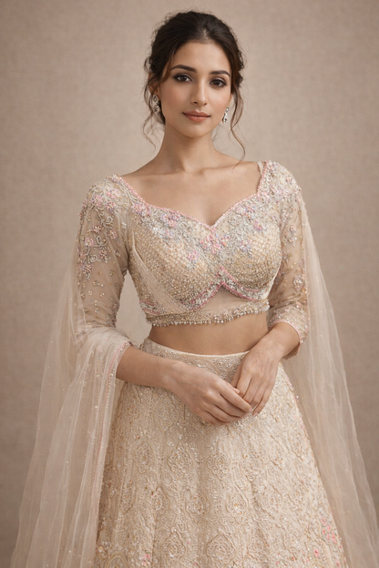Ivory and Blush Pink Embroidered Bridal Lehenga with Crystal Work Blouse