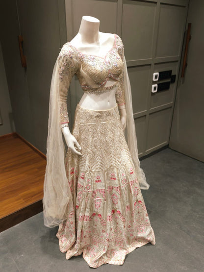 Ivory and Blush Pink Embroidered Bridal Lehenga with Crystal Work Blouse