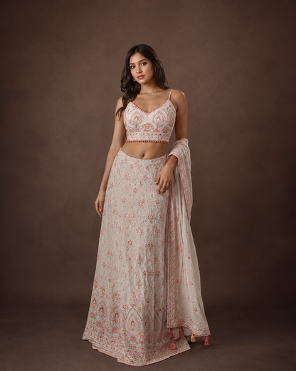 Ivory and Blush Pink Floral Embroidered Designer Lehenga Choli