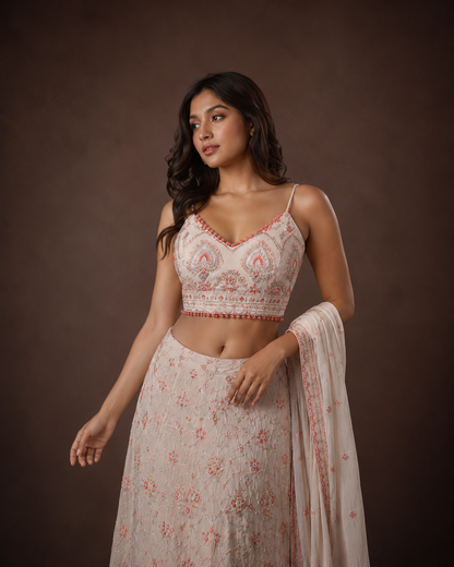 Ivory and Blush Pink Floral Embroidered Designer Lehenga Choli