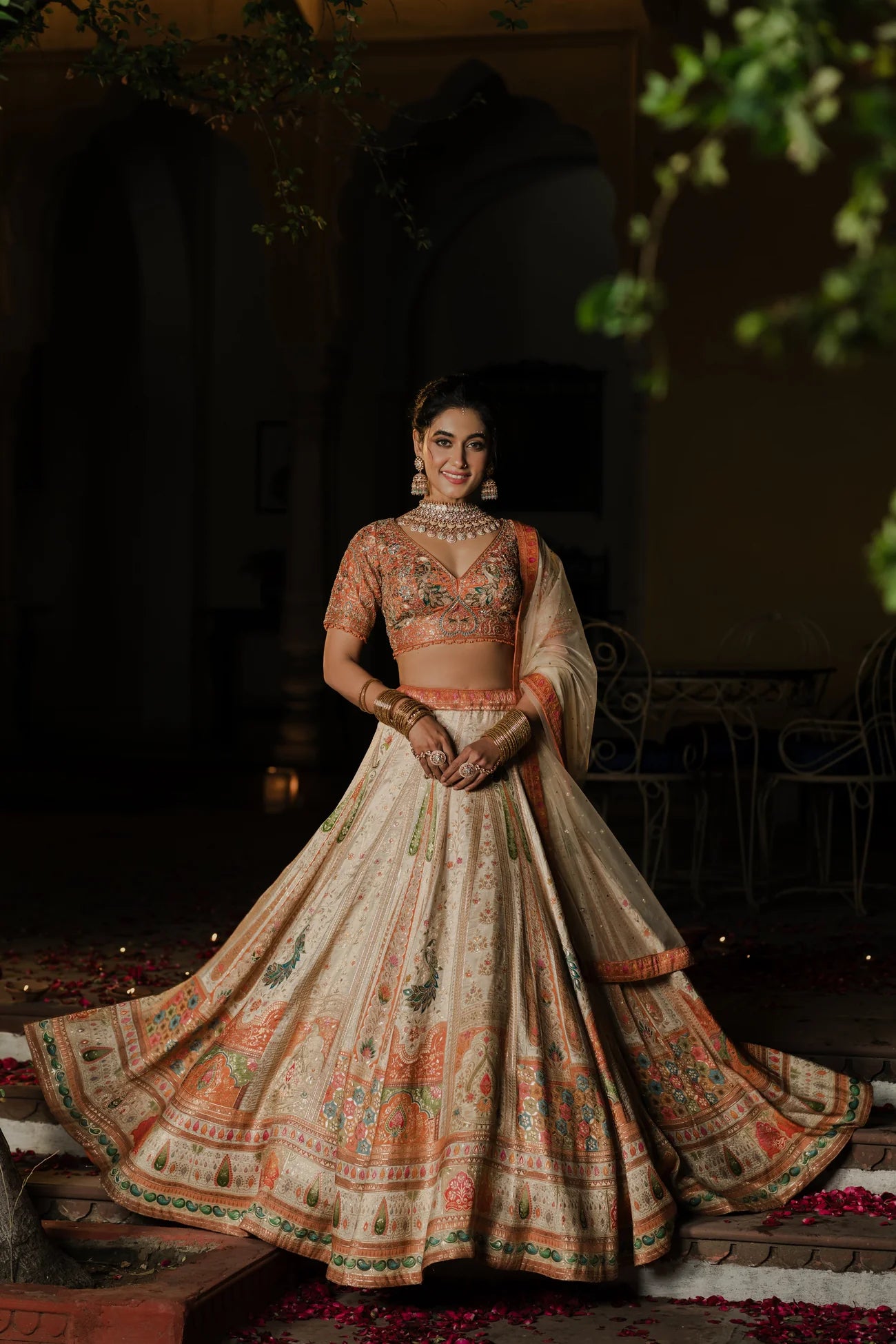 Ivory and Coral Hand-Embroidered Lehenga Set