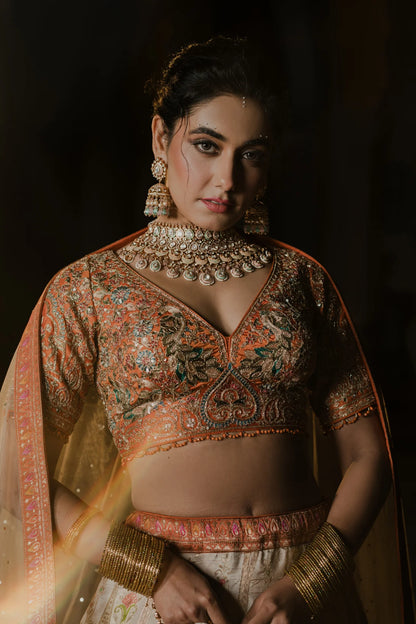 Ivory and Coral Hand-Embroidered Lehenga Set