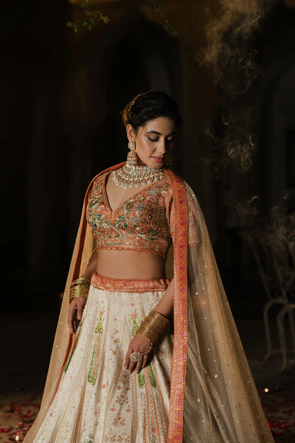 Ivory and Coral Hand-Embroidered Lehenga Set
