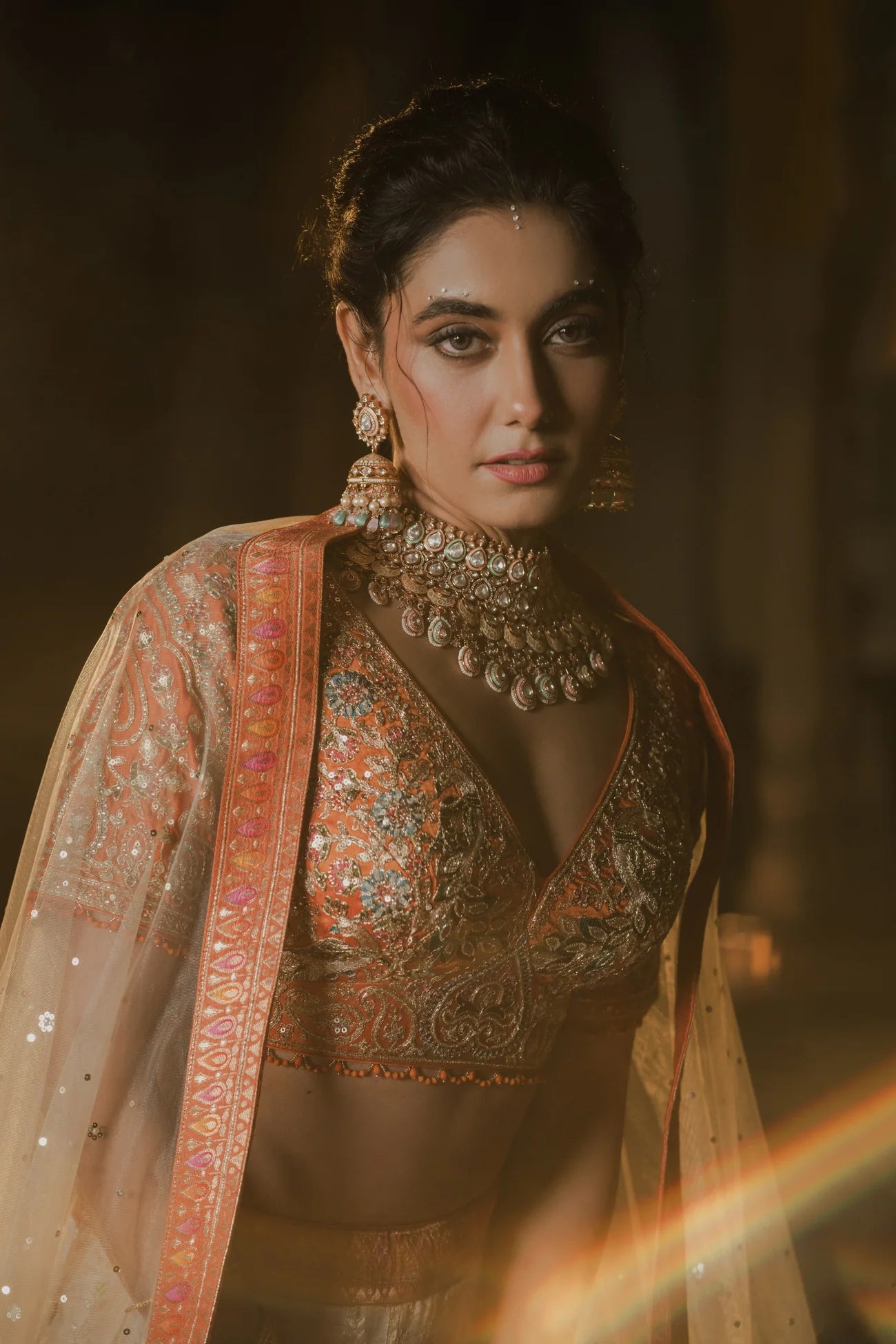 Ivory and Coral Hand-Embroidered Lehenga Set