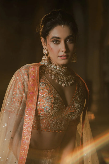 Ivory and Coral Hand-Embroidered Lehenga Set