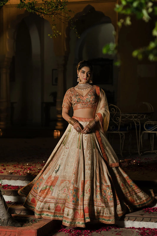 Ivory and Coral Hand-Embroidered Lehenga Set