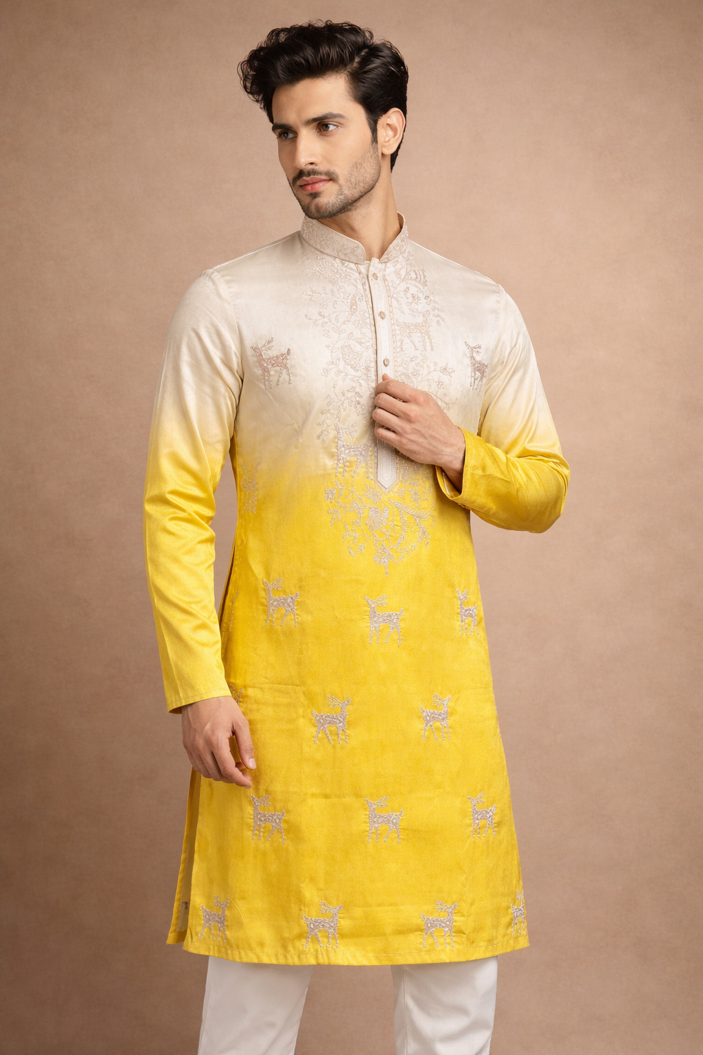 Ivory to Sunshine Yellow Ombre Deer Motif Embroidered Kurta Set