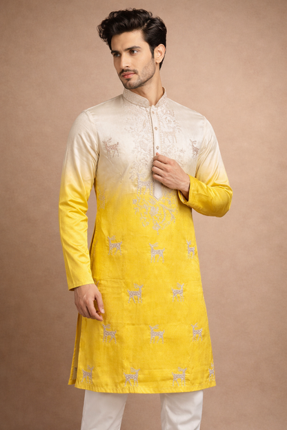 Ivory to Sunshine Yellow Ombre Deer Motif Embroidered Kurta Set