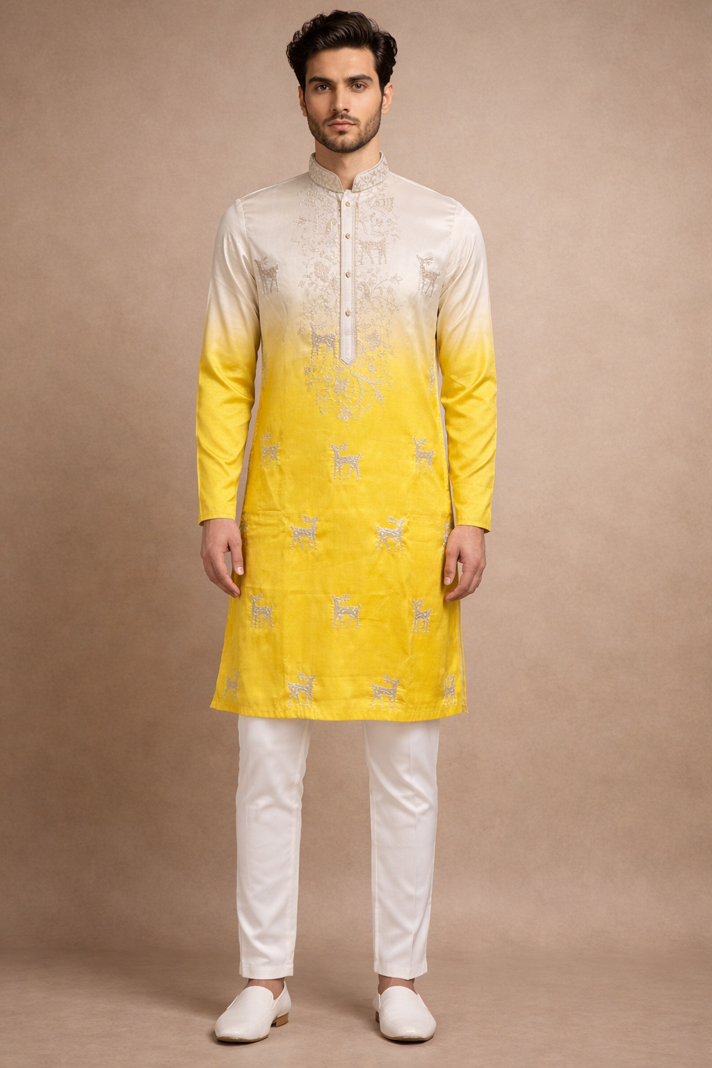 Ivory to Sunshine Yellow Ombre Deer Motif Embroidered Kurta Set