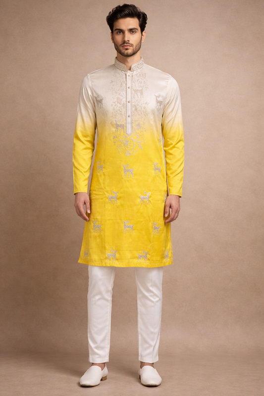 Ivory to Sunshine Yellow Ombre Deer Motif Embroidered Kurta Set