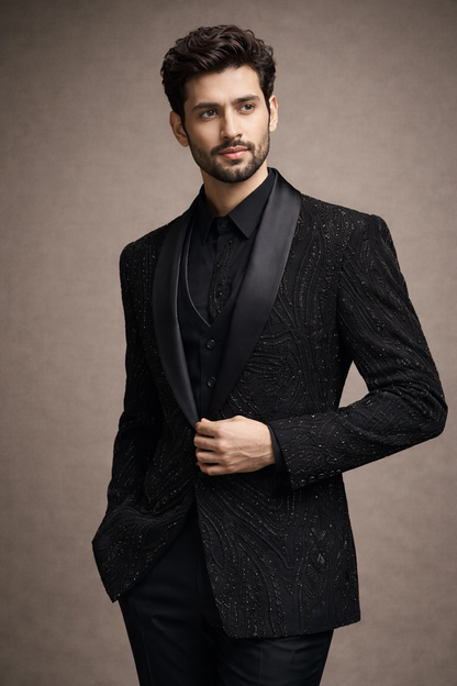 Jet Black Embroidered Designer Tuxedo Suit