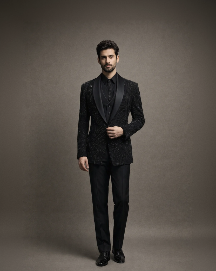 Jet Black Embroidered Designer Tuxedo Suit