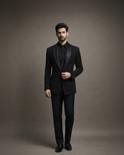 Jet Black Embroidered Designer Tuxedo Suit