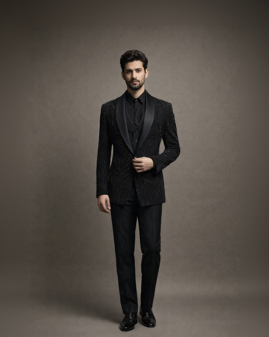 Jet Black Embroidered Designer Tuxedo Suit