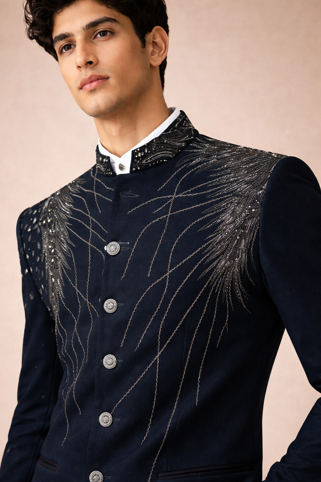 Jet Black Feather Embroidered Indo-Western Bandhgala
