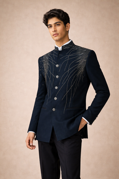 Jet Black Feather Embroidered Indo-Western Bandhgala