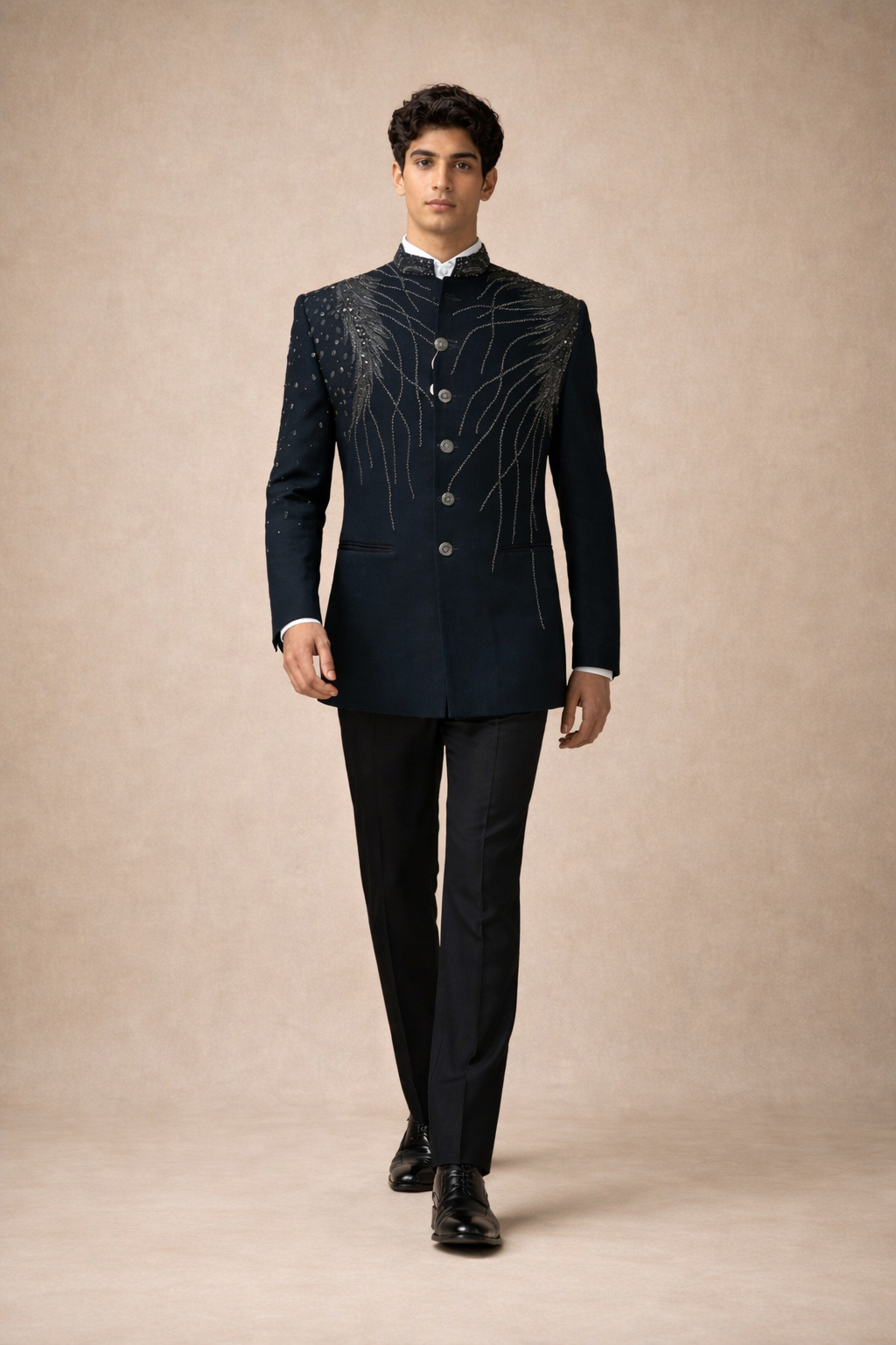 Jet Black Feather Embroidered Indo-Western Bandhgala